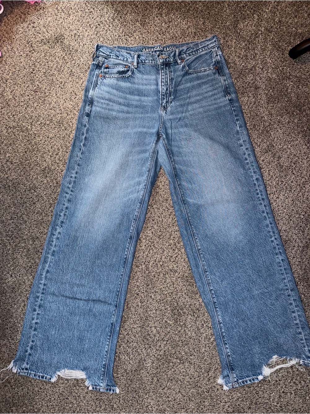 American Eagle Outfitters Women's Blue Wide Leg Raw Hem Jeans Size 10 LONG